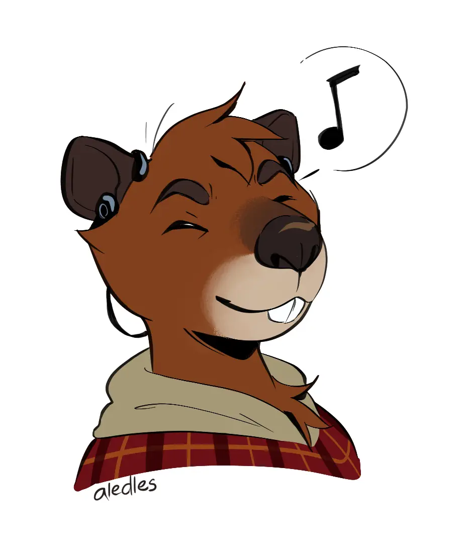 Anthro beaver listens to music through earphones.