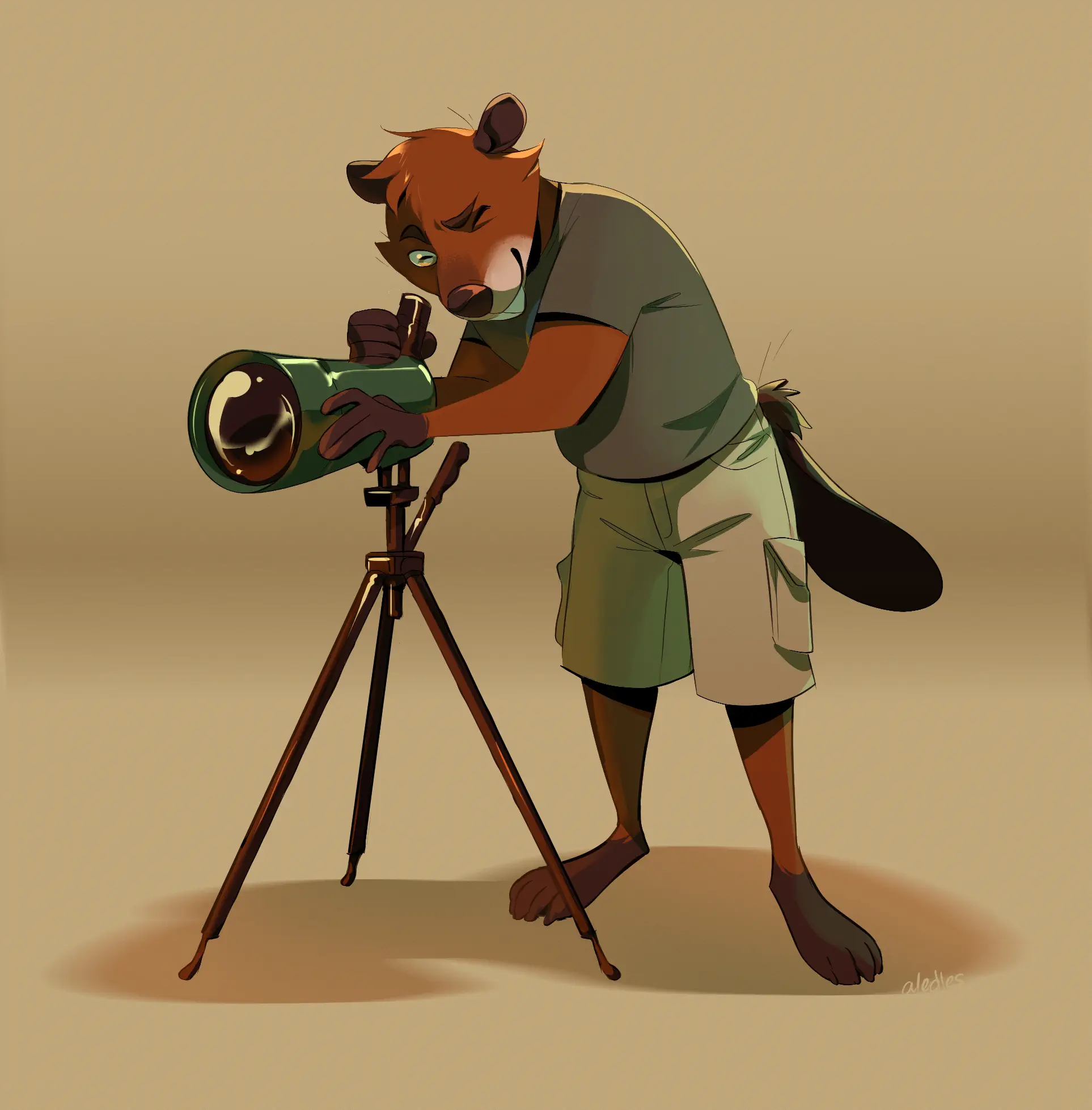 Anthro beaver looks through a spotter scope.