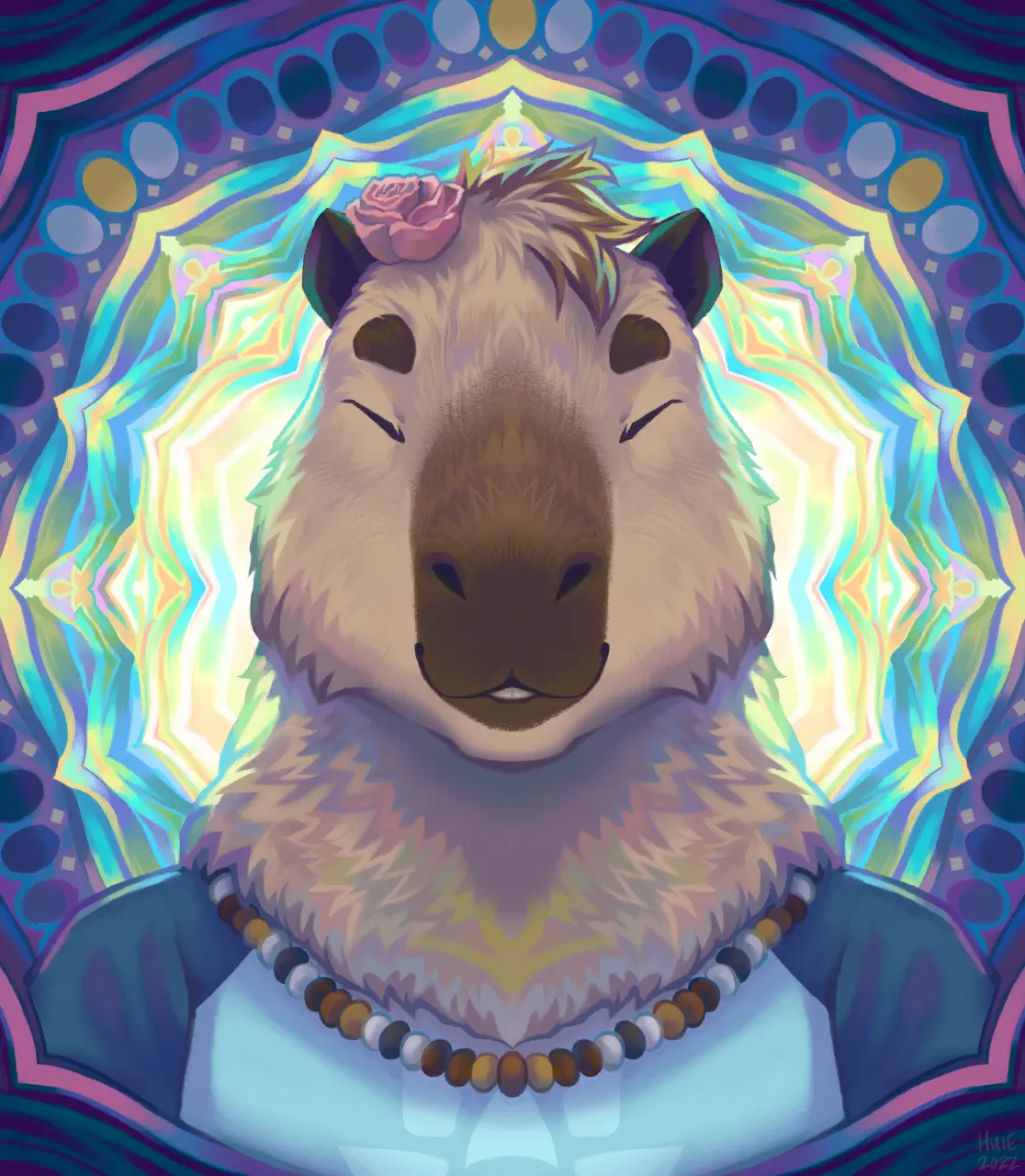 Anthro capybara in front of a very colourful background.