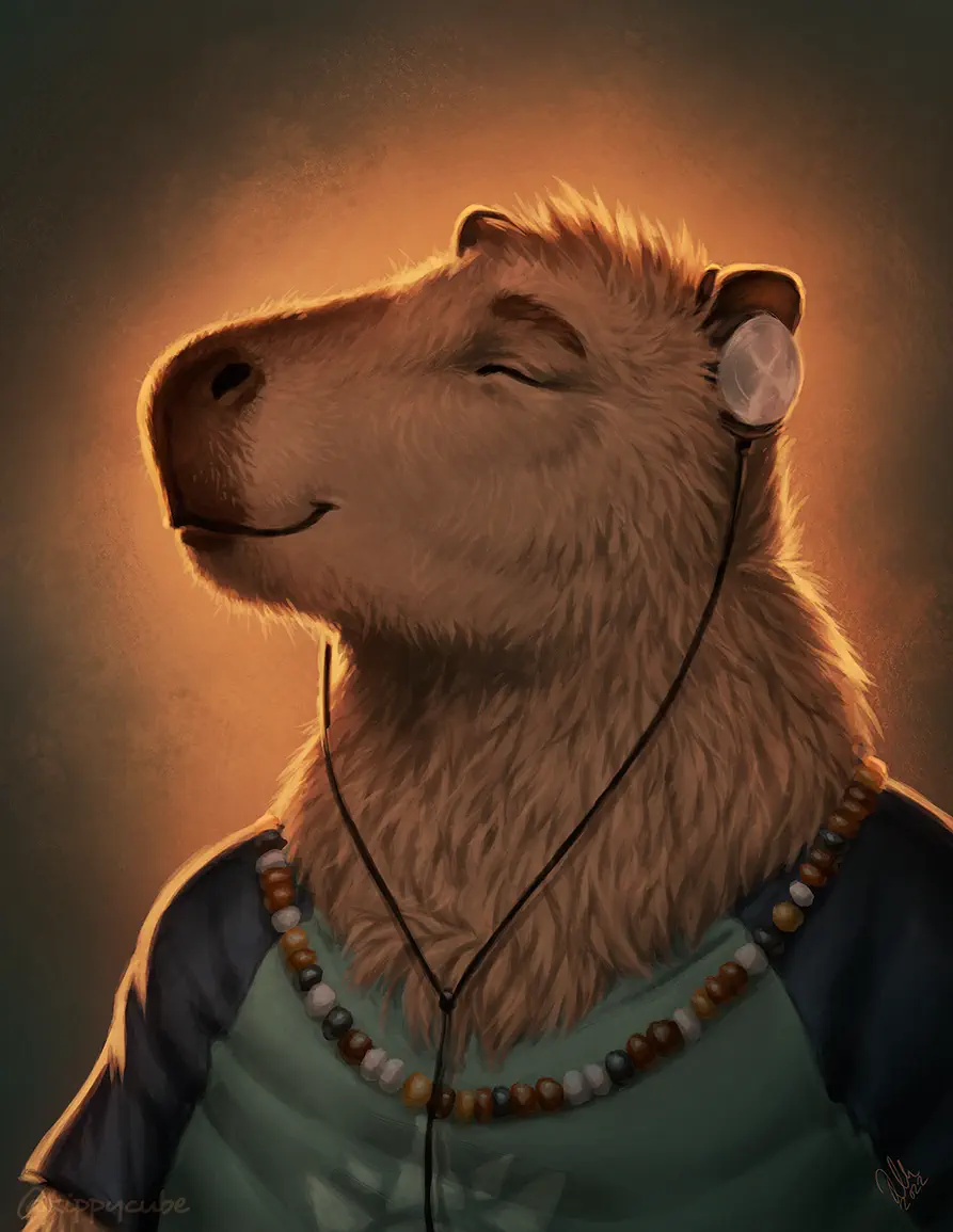 Anthro capybara listens to music through earphones.