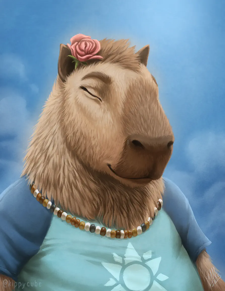 Anthro capybara with a serene expression under a blue sky.