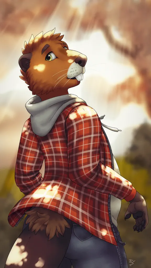 Anthro beaver in an autumnal forest with dappled lighting.