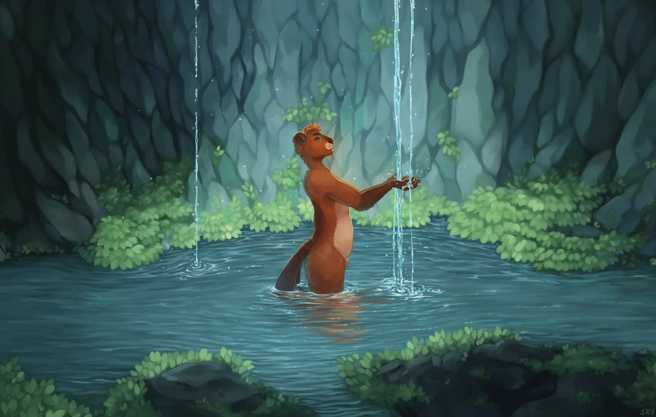 Anthro beaver wading in secluded pond.