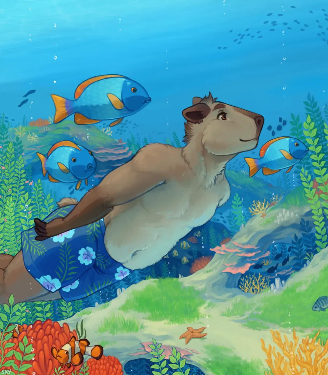 Anthro capybara swims underwater in a tropical sea.