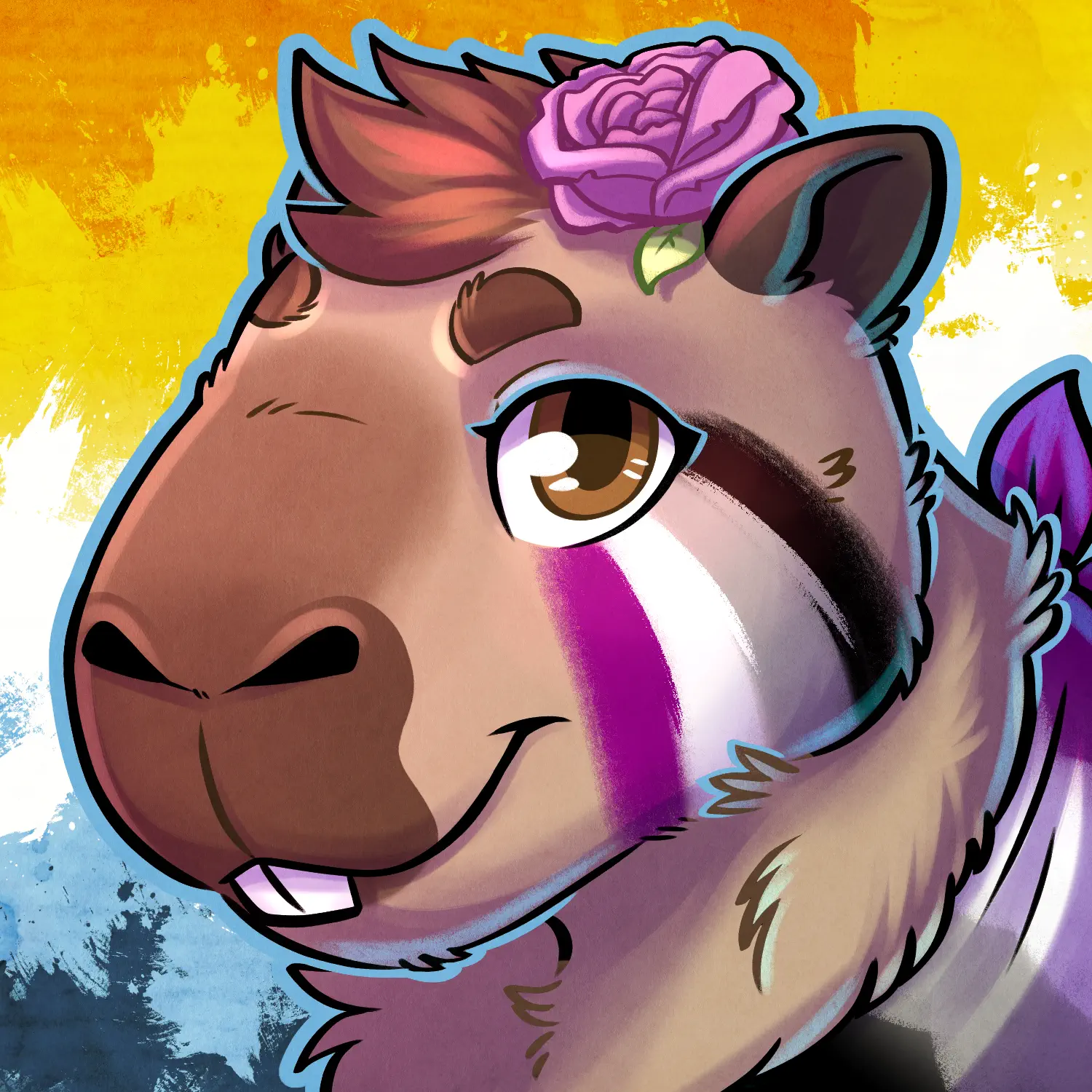 Bust of an anthro capybara with pride flag facepaint and background.