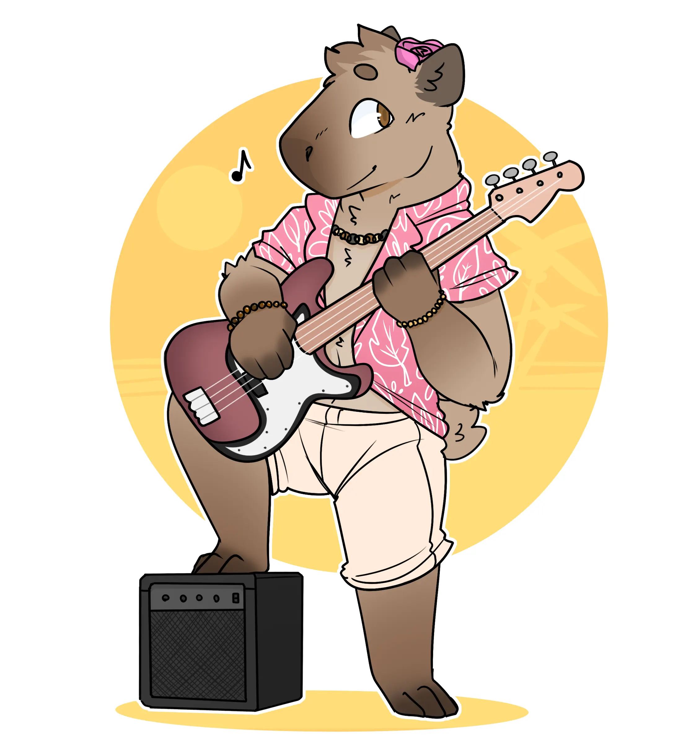 Chibi Anthro capybara playing an electric bass.