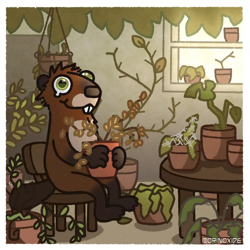 Anthro beaver surrounded by and holding dead plants. He's smiling but there's a tear in his eye.