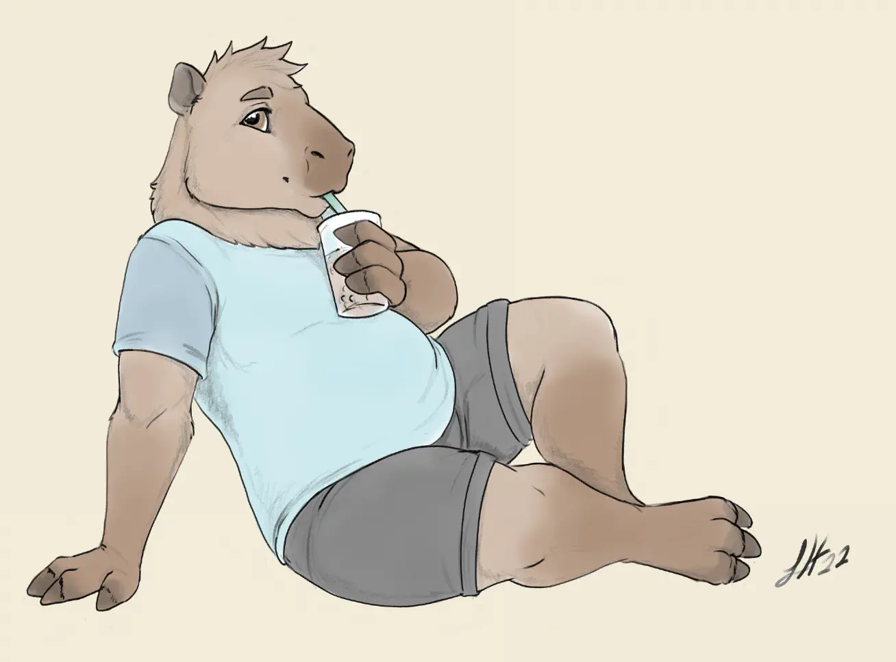 Anthro capybara drinking a boba tea while sitting on the floor.