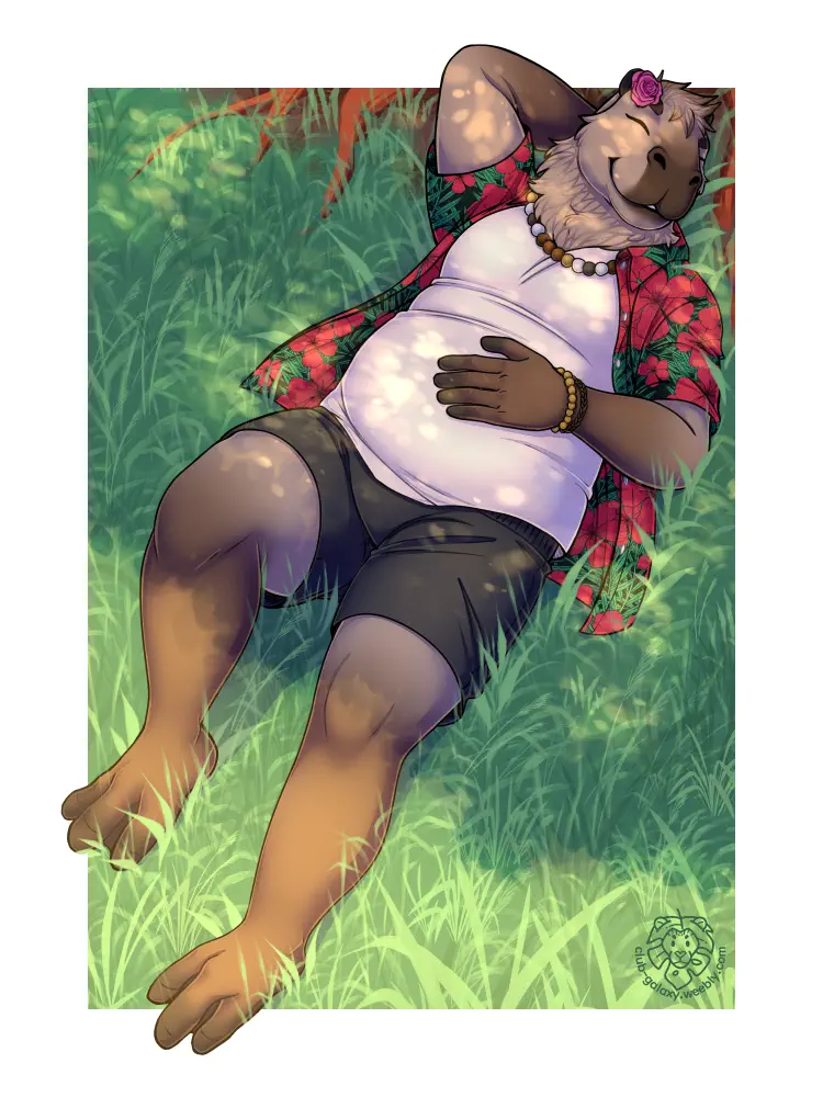 Anthro capybara lounges in the grass, under dappled lighting.