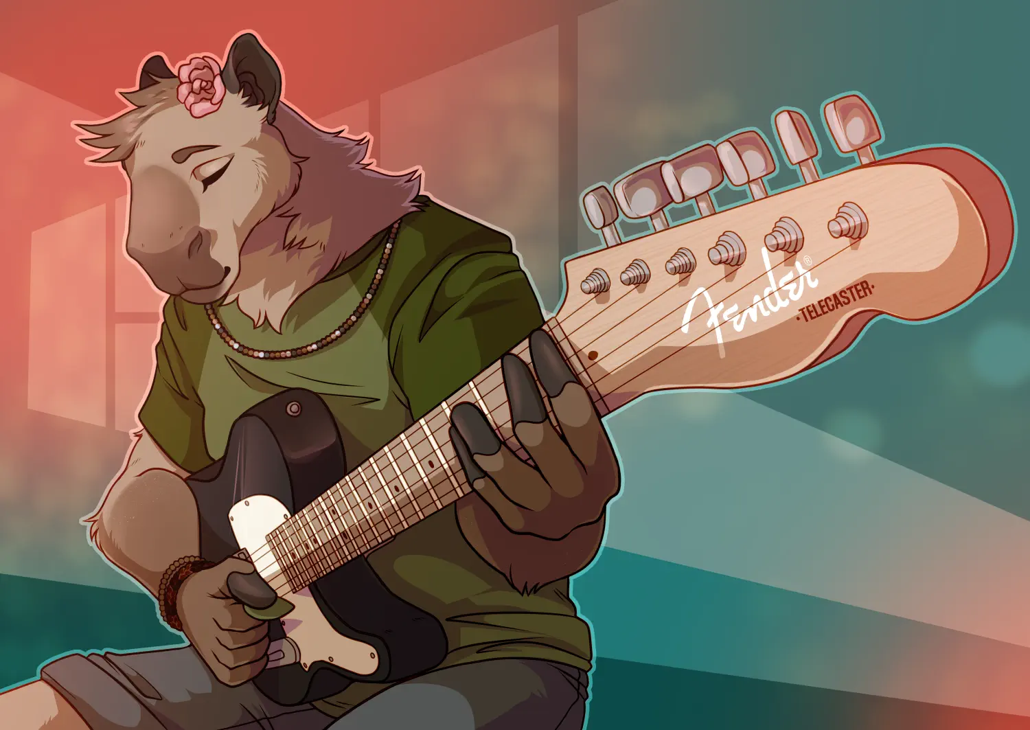 Anthro capybara playing an electric guitar.