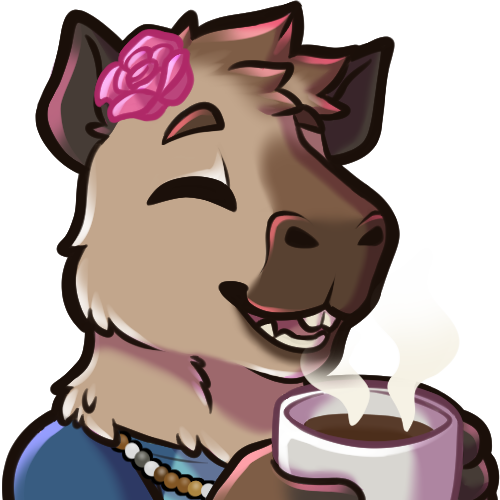 Anthro capybara smiles with a cup of coffee.